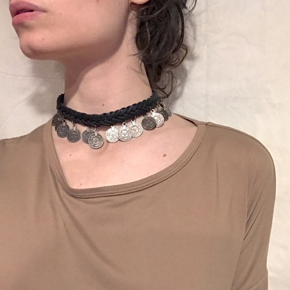 Braided leather and Asian coins choker